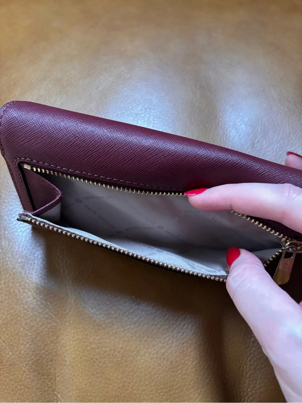Michael Kors Wine Saffiano Leather Flap Wallet with Gold Logo